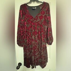 Just...Taylor Burgundy Floral Burnout Velvet Long Sleeve Babydoll Dress, size 6
